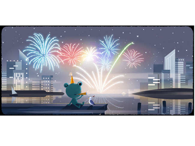 The doodle featured multi-coloured fireworks and 'Froggy - the weather frog' with a bird wearing celebratory cap