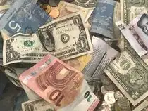 FILE PHOTO: U.S. dollars and other world currencies lie in a charity receptacle at Pearson international airport in Toronto