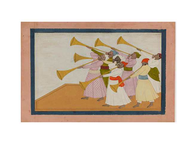 It shows seven musicians playing Pahari horns with long pipes known as turhi, their cheeks puffed out with the effort.