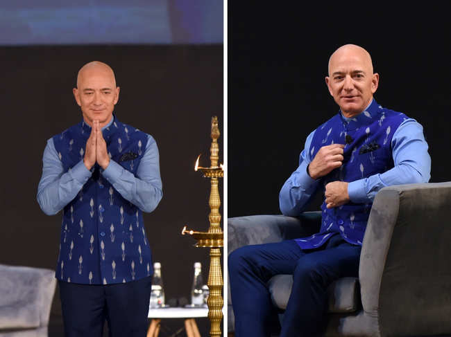 In a chat with the Amazon India head, Jeff Bezos wore a blue sleeveless Nehru jacket with a traditional floral print.