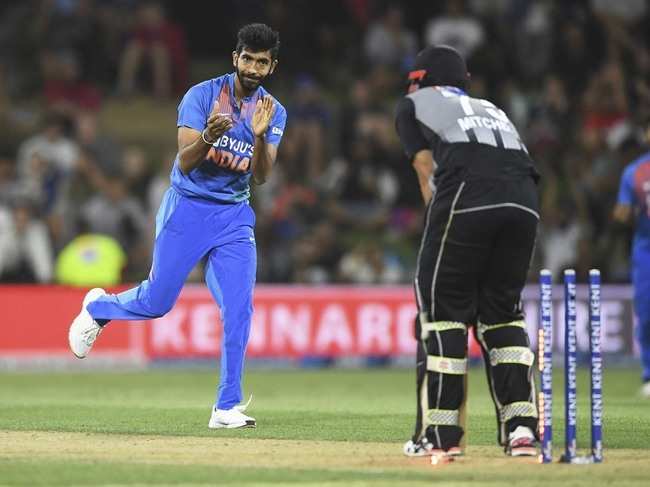 New Zealand's Daryl Mitchell is bowled by India's Jasprit Bumrah during the Twenty/20 cricket international between India and New Zealand at Bay Oval.