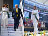 Melania Trump pays tribute to Indian textiles with breezy white jumpsuit & gold embroidered sash