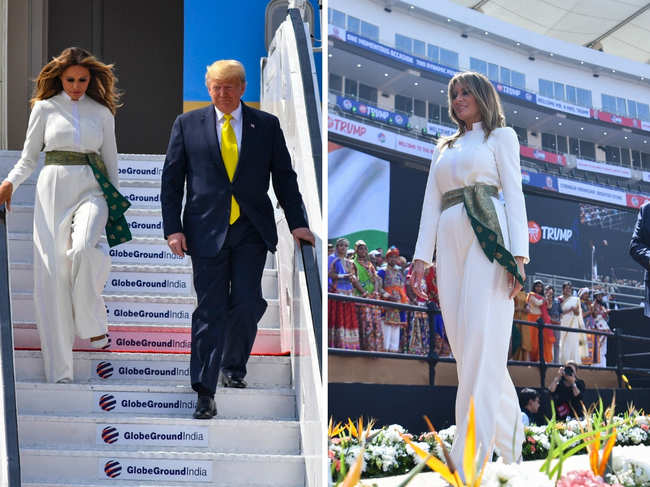 While her husband, US president Donald Trump paired his dark suit with a buttercup yellow tie, Melania opted for crepe and silk in keeping with the weather.