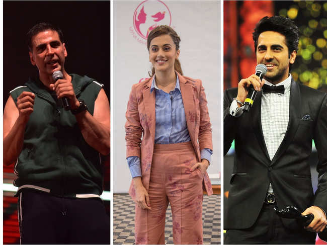 The video featured Bollywood stars like Akshay Kumar (L), Aayushmann Khurrana (R), Kartik Aaryan, Taapsee Pannu (C) among others.