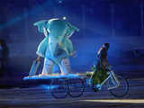 The 2011 Cricket World Cup mascot Stumpy arrives on a cycle rickshaw