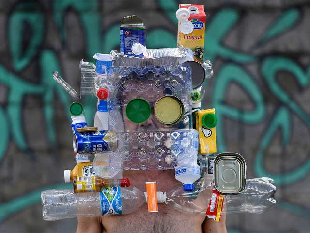 A mask made with recyclable bottles, cans