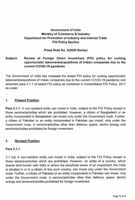 Govt reviews FDI policy for “curbing opportunistic takeovers/acquisitions of Indian companies due to the current COVID-19 pandemic