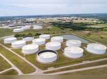 Crude oil storage tanks are seen in an aerial photograph at the Cushing oil hub