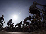Riders at Paris-Nice cycling race round Houdan in France