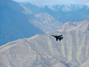 An Indian fighter jet flies over Leh, the joint capital of the union territory of Ladakh, on June 25, 2020 AFP