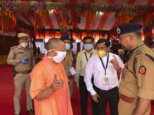 UP CM Yogi Adityanath inspects the site for a groundbreaking ceremony in Ayodhya