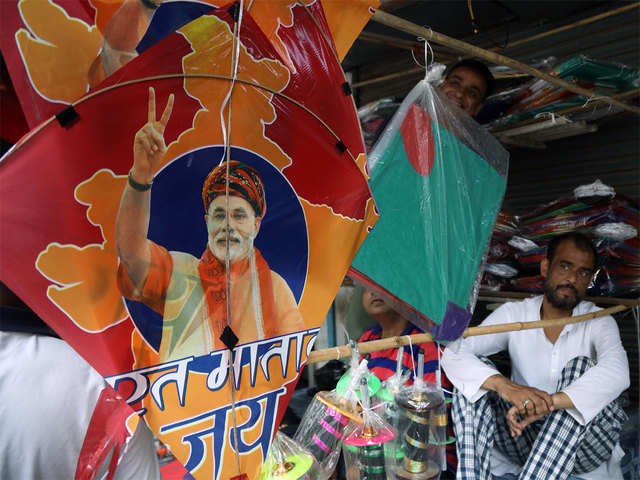Kite with the picture of Narendra Modi displays for sale.