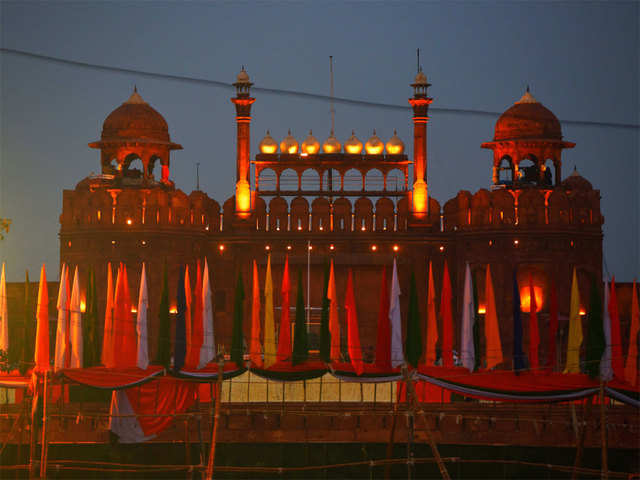 An illuminated view of Red fort on the eve of Independence day.