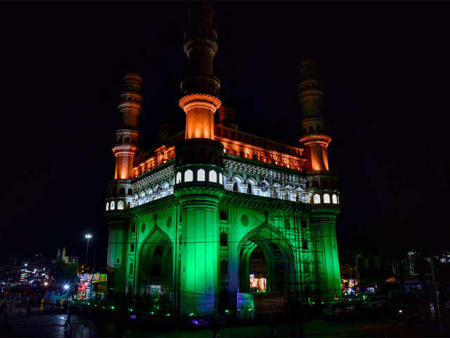Historic Charminar illuminated on the eve of 74th Independence day celebrations.
