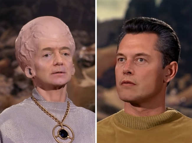 The ​AI-powered video from the pilot episode of the original Star Trek, 'The Cage', showed Jeff Bezos as a Talosian alien with a huge bald head, while Elon Musk played Captain Christopher Pike.​