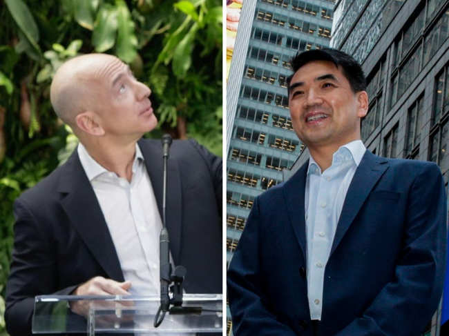 The aggregate wealth of the Forbes 400 list rose to a record $3.2 trillion​. (In pic: Jeff Bezos and Eric Yuan)