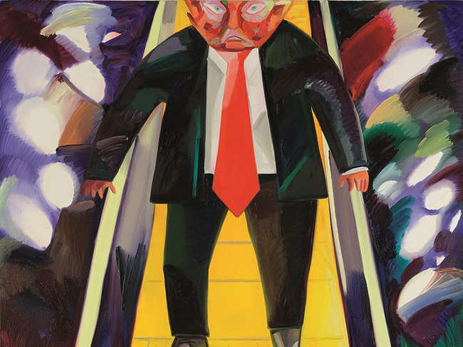 The image riffs on Trump’s famous 2015 escalator ride at Trump Tower in New York when he announced he was running for president.