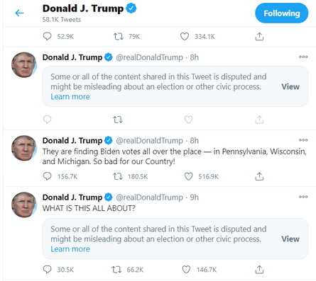 For the sixth time in less than 24 hours, Twitter on Wednesday flagged tweets by President Trump for violating its rules because they included unsupported claims of widespread election fraud and premature declarations of victory in key battleground states.