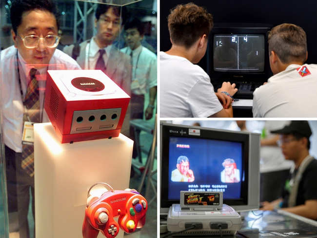 [Clockwise L-R] Nintendo's new video game console Gamecube, Nintendo Super Famicom - a 1990s era 16-bit console that was marketed outside Japan as the Super NES (Nintendo Entertainment System) - running the hit Capcom beat 'em up game Street Fighter II on a cathode ray tube television, and retro game 'Pong'.