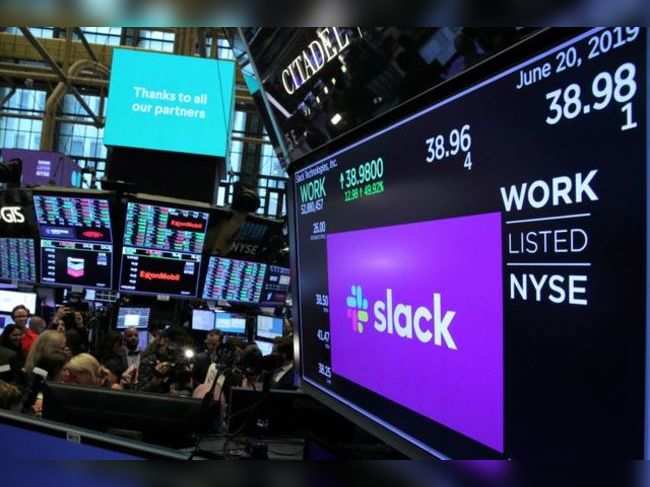 FILE PHOTO: Slack Technologies Inc. stock price is seen on display during direct listing at New York Stock Exchange (NYSE) in New York