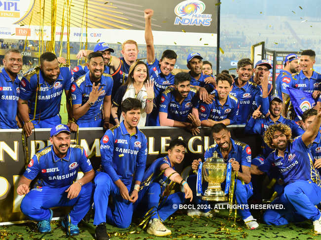 ​Mumbai Indians celebrate their 2019 victory in the final of IPL 12 in Hyderabad on Sunday night.