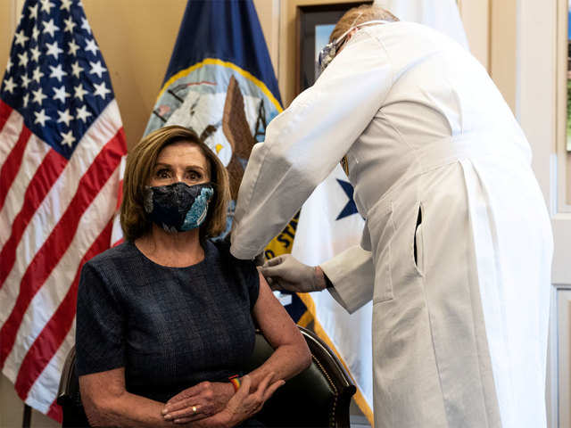 US Speaker of the House Nancy Pelosi receives the Pfizer-BioNTech COVID-19 vaccine.