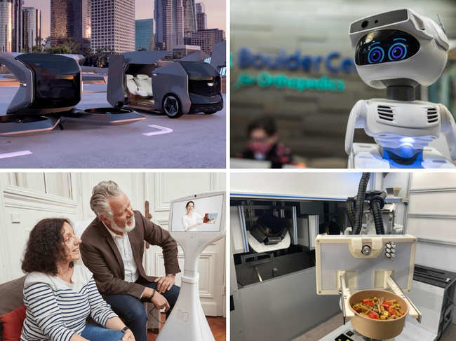 (L-R, clockwise) - Two futuristic Cadillac concepts, an electric shuttle and an autonomous vertical take-off and landing (VTOL) drone, by General Motors. Misty Robotics shows Misty, a programmable personal robot. RoboEatz shows the robotics startup's food serving robot, part of its its artificial intelligence-powered autonomous robotic kitchen system that prepares, cooks and serves an array of hot and cold food dishes from soups to salads to meal bowls. CareClever SAS, Françoise and Olivier, at their home in France, enjoy a live activity hosted from the Beaux Arts Museum in France on the Cutii robot which helped people survive and stay safe during over the past year are touting their value at the tech industry's annual extravaganza after a pandemic which has given fresh momentum to the robotics sector.