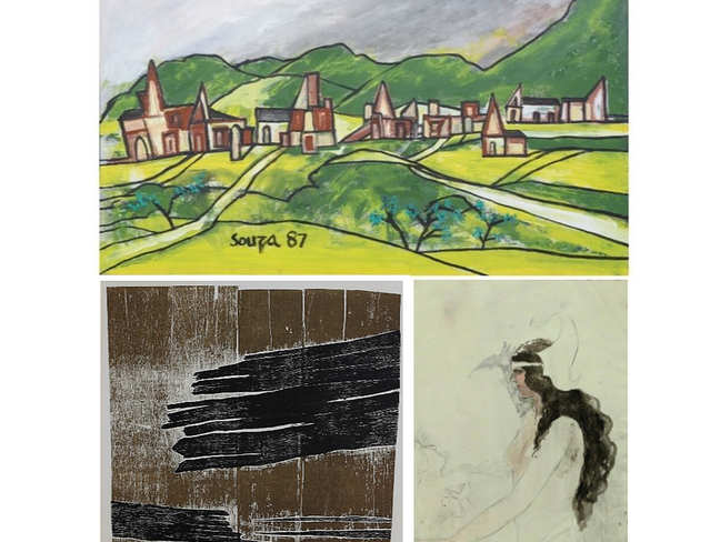 L-R, clockwise: (1924-2002) FN Souza's untitled (Lush Landscape), Wall by Zarina Hashmi (1937-2020), and Amrita Sher-Gil's (1913-1941) Untitled - Pencil and Watercolor on Paper.​