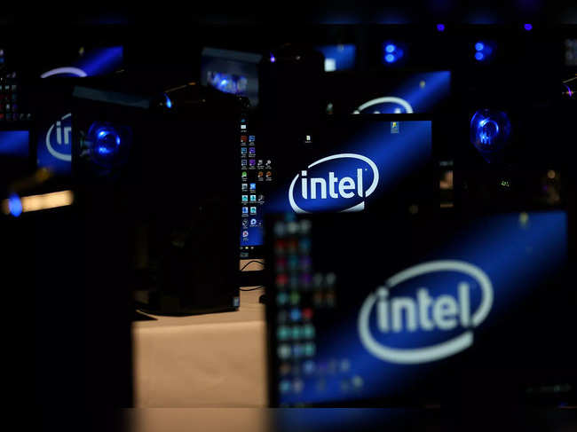 FILE PHOTO: The Intel logo is displayed on computer screens