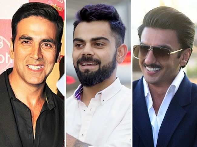 While Virat Kohli's (C) ​value is $237.7 million, actors Akshay Kumar (L) and Ranveer Singh's worth remains steady at $118.9 million and $102.9 million, respectively..​
