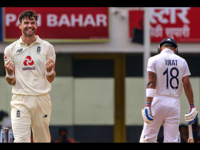 ​England's bowler James Anderson celebrates a wicket during the 5th & final day of the first cricket test match between India and England, at M.A. Chidambaram Stadium, in Chennai. England won the match to lead the the series 1-0. ​