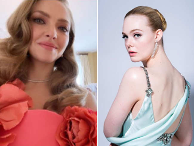 ​While Amanda Seyfried (L) wore an off-the-shoulder coral Oscar de la Renta gown, Elle Fanning (R) went for an ethereal look in a pale blue-green Gucci goddess gown.​