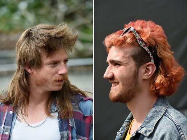 File photos of May 2019: Two men pose during the Mullet haircut festival in Boussu.