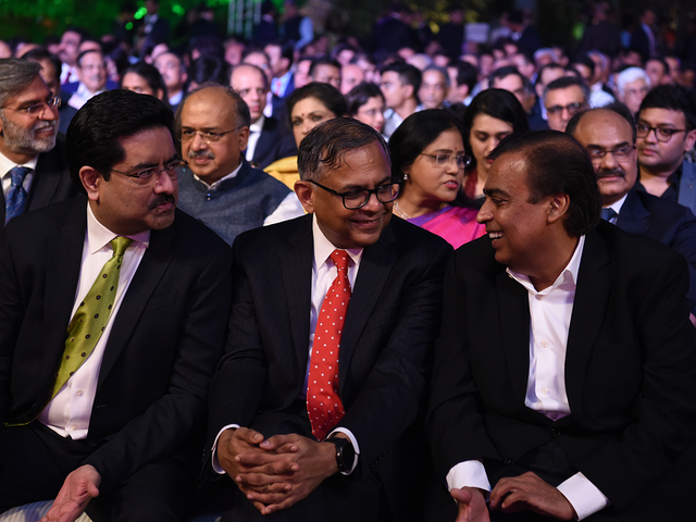 Kumar Mangalam Birla (Aditya Birla Group), N Chandrasekaran (Tata Sons) and Mukesh Ambani (Reliance Industries) at the event