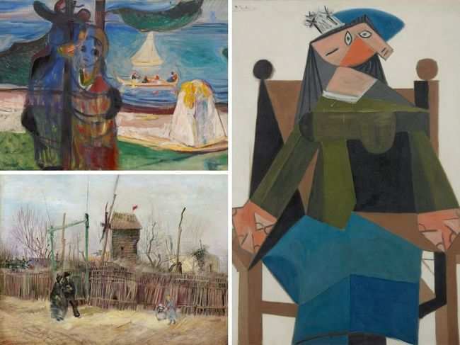 Clockwise, from left: Edvard Munch's 'Embrace On The Beach', Pablo Picasso's 'Femme Assise Dans Un Fauteuil', and Vincent Van Gogh's 'Scène De Rue À Montmartre'.