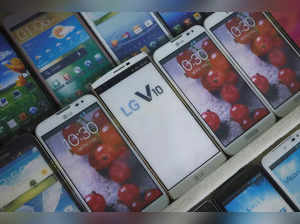 Mock old version LG Electronics' smartphones are displayed at a store in Seoul