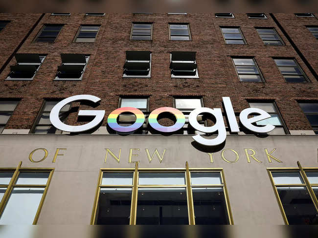 FILE PHOTO: The Google logo is displayed outside the company offices in New York