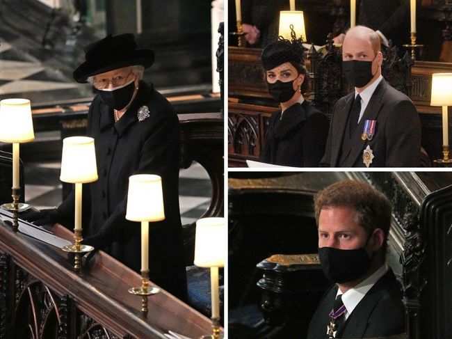 After the funeral, Prince ​Harry (right bottom), Prince William and Kate (right top) strolled together outside the chapel. ​