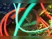 Representation of the Ethereum virtual currency standing on the PC motherboard are seen in this illustration picture