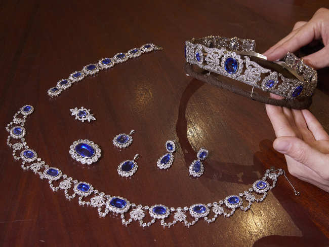 A nine pieces parure of sapphires and diamonds, from a collection owned by Napoleon's adopted daughter Stephanie de Beauharnais, is displayed 200 years after the Emperor's death during a preview at Christie?s before their May 12 auction sale, in Geneva, Switzerland.