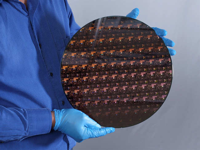 Handout photo of a silicon wafer containing chips made with IBM Corp's 2-nanometer transistor technology