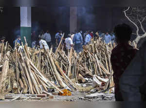 New Delhi: Funeral pyres lined up as deaths due to Covid continue, at Ghazipur c...