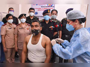 Jabalpur: Indian Army personnel receives a dose of COVID-19 vaccine at a militar...