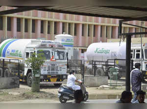 Meerut: Tankers carrying oxygen arrive at a medical college in Meerut. (PTI Phot...