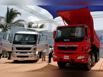 FILE PHOTO: Tata Motors' trucks are displayed during a news conference in Mumbai