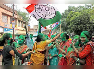 Birbhum: TMC supporters celebrate winning trend in the West Bengal state assembl...