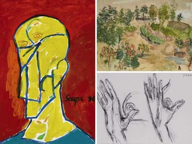 (L-R, clockwise) FN Souza [Untitled], Amrita Sher-Gil's Az Edeny Emberek Lakohelyu (The vessel is the abode of the people) and Untitled by Akbar Padamsee.