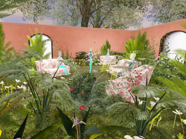 This computer generated image shows a Gucci virtual garden on Roblox. ​