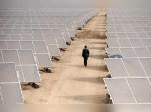A man walks through solar panels