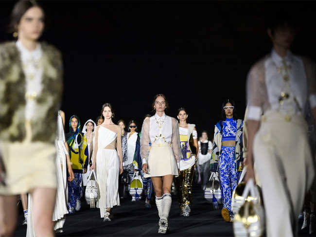 Models present creations for Dior during the 2022 Dior Croisiere (Cruise) fashion show, at the Panathenaic Stadium, in Athens